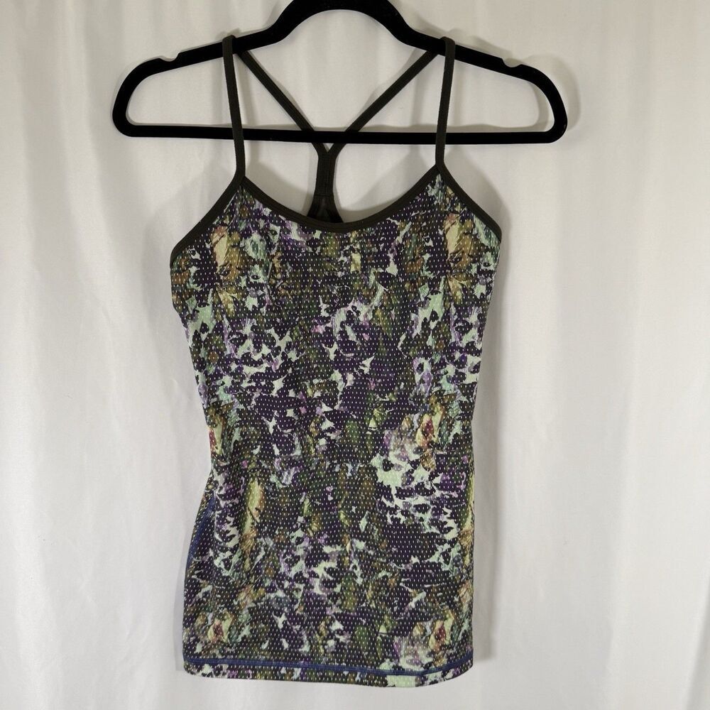 Lululemon Tank Top Women's 6 Green Floral Strappy Padded Stretch